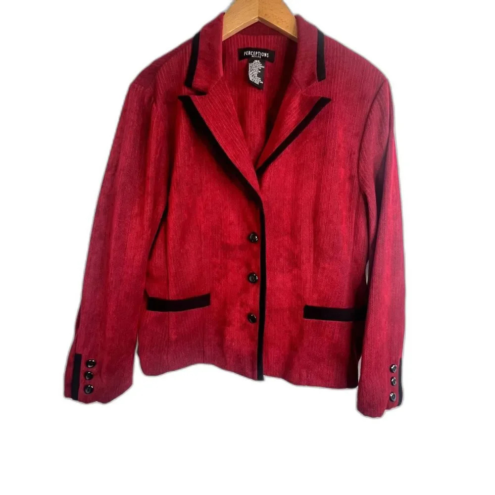 Perceptions Petite Red with Black Trim 3 Button Blazer Size 16P